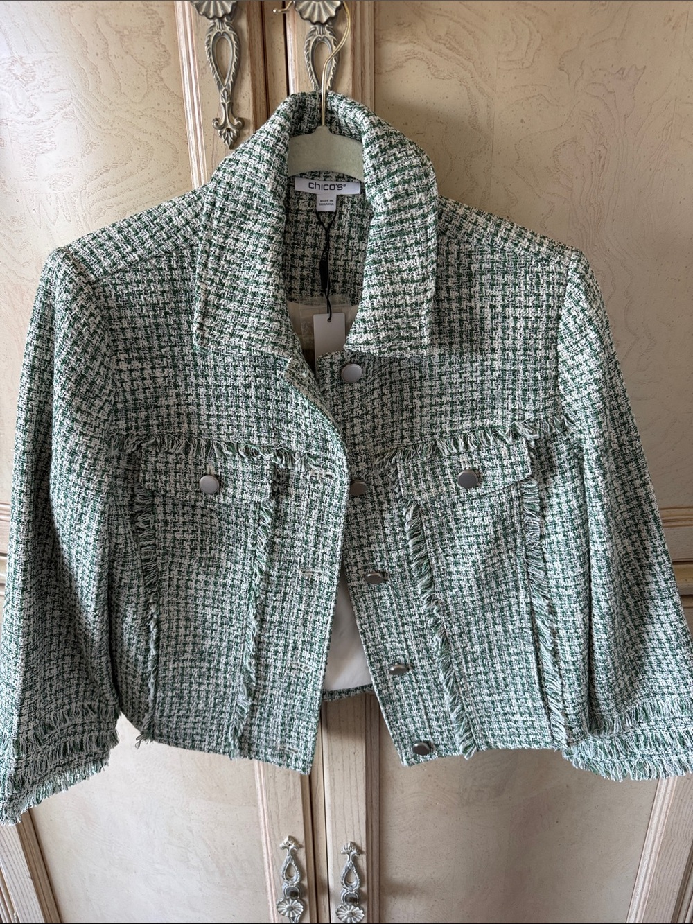 Chico's Green & White Tweed Cropped Jacket